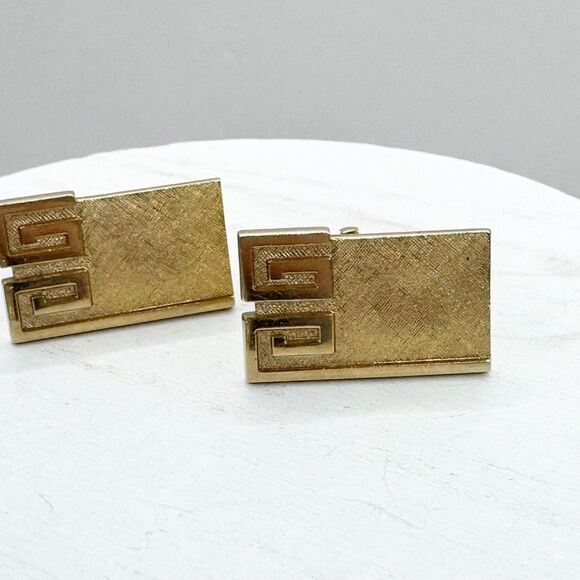 Swank Greek Key Cufflinks Vintage Gold Tone MCM Wedding Fancy Dapper - Picture 6 of 6